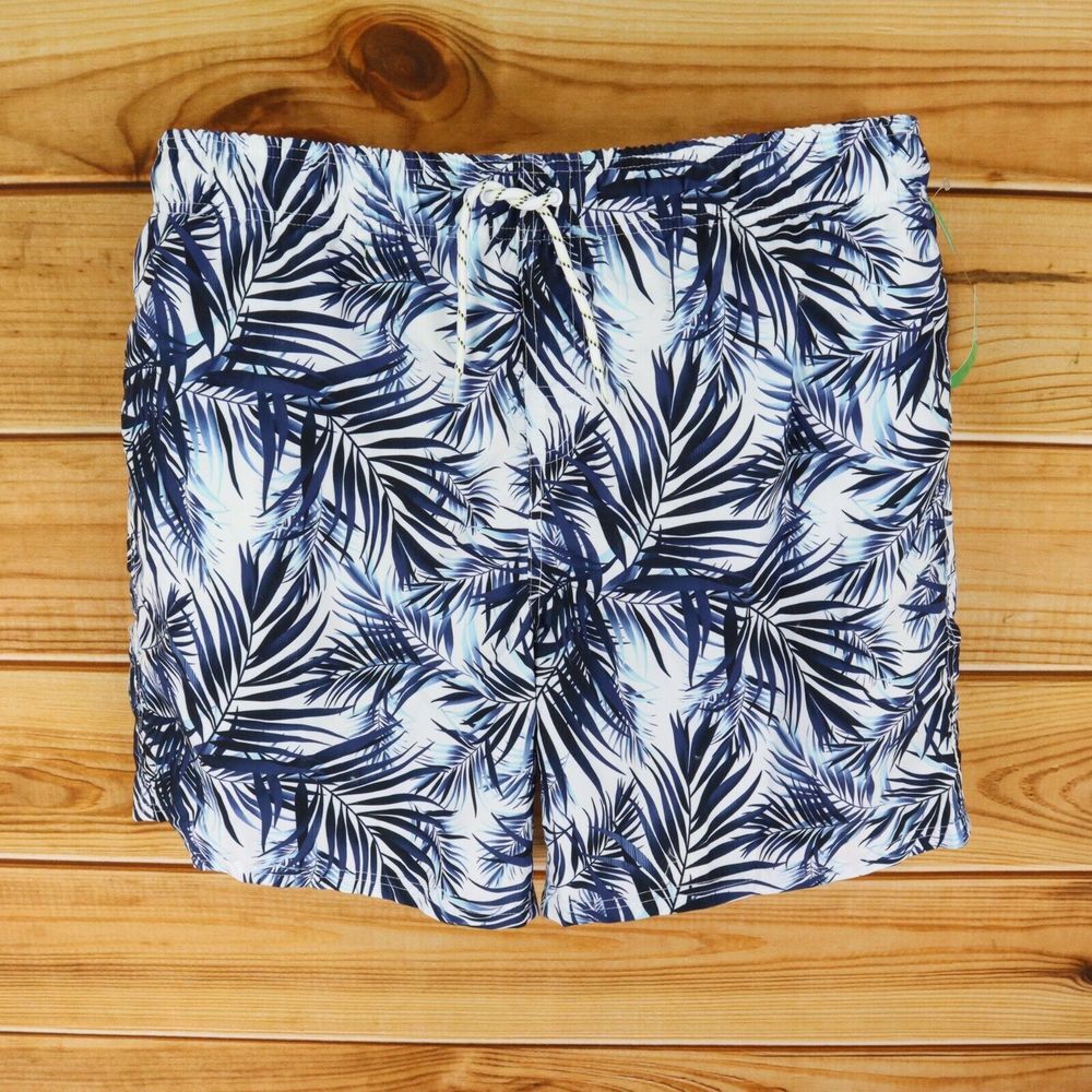 Dip Swim Trunks w/Liner Mens XL‎ Blue White Leaves UPF 50 Pockets Drawstring NWT